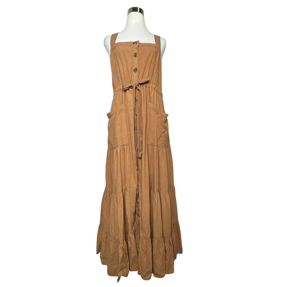 NWT Free People Catch The Breeze Midi Dress sz M medium Linen Amber Waves Tiered - Picture 2 of 14